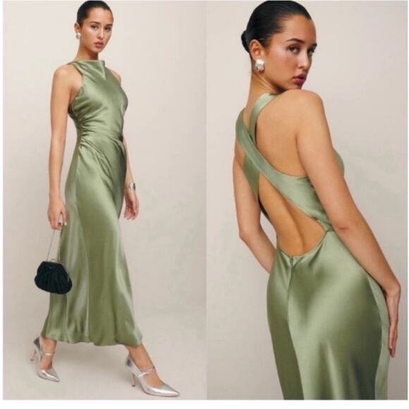 Reformation Casette Silk Dress in Artichoke 10 - Picture 1 of 10